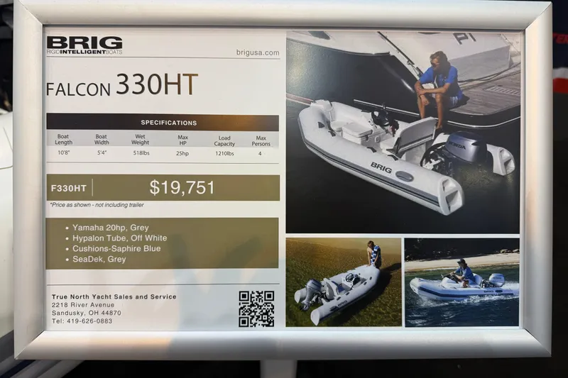 Slide: The Image of 2026 Brig Falcon 330HT boat specifications and images, featuring Yamaha 20hp engine. - 11