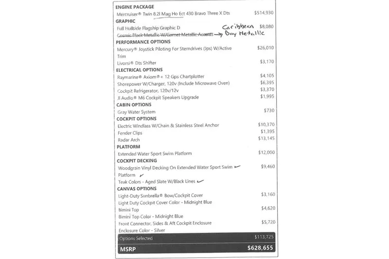 Slide: The Image of 2023 Formula 330 Crossover Bowrider I/O options list with pricing details. - 4
