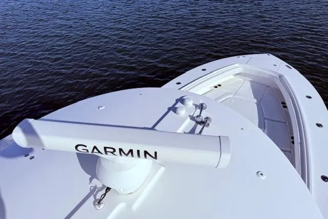 Slide: The Image of Bow of 2017 Regulator 41 boat with Garmin radar, on calm water. - 65