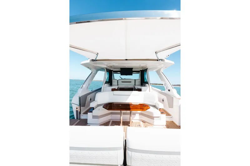 Slide: The Image of Luxury Tiara 48 yacht interior, 2023 model, featuring sleek design and ocean view. - 47