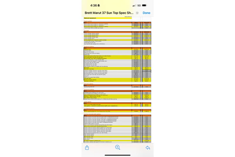 Slide: The Image of Specifications sheet for 2018 Axopar 37 Sun-Top boat, detailing optional equipment and features. - 18