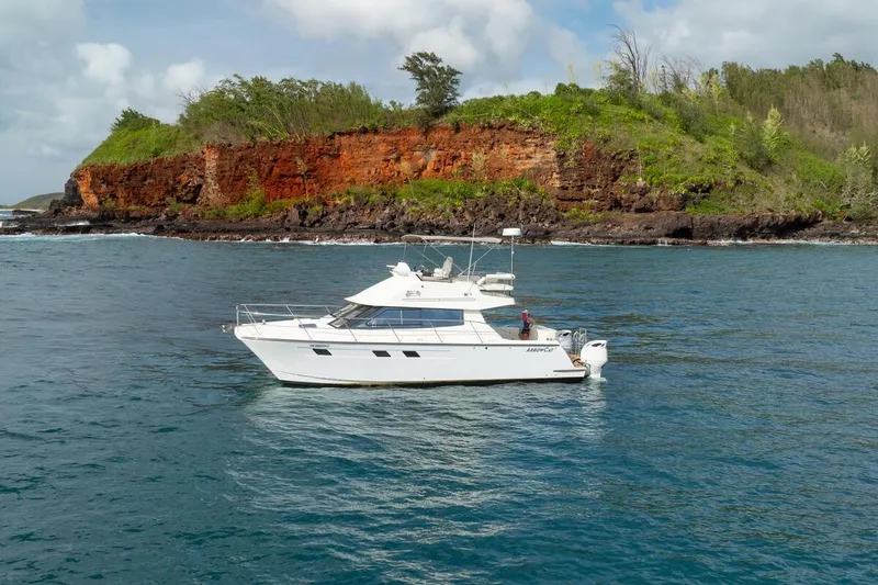 The Image of 2023 ArrowCat 420 Flybridge yacht cruising near a rocky, green coastline. - 0