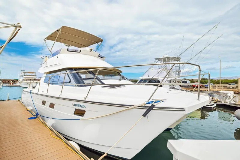 Slide: The Image of 2023 ArrowCat 420 Flybridge yacht docked at marina under clear sky. - 18