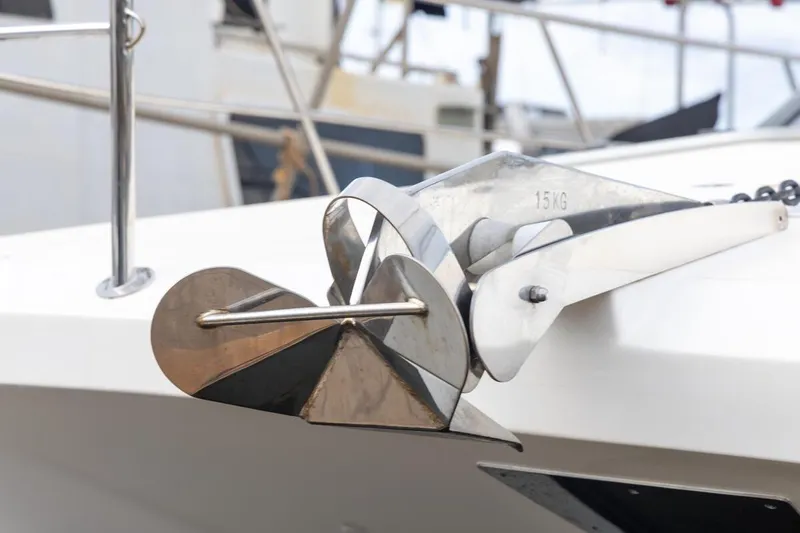 Slide: The Image of Anchor detail on 2023 ArrowCat 420 Flybridge boat, showcasing stainless steel design. - 61
