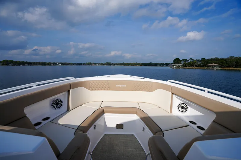 Slide: The Image of Interior view of 2023 Everglades 340 Dual Console boat with navigation system. - 12