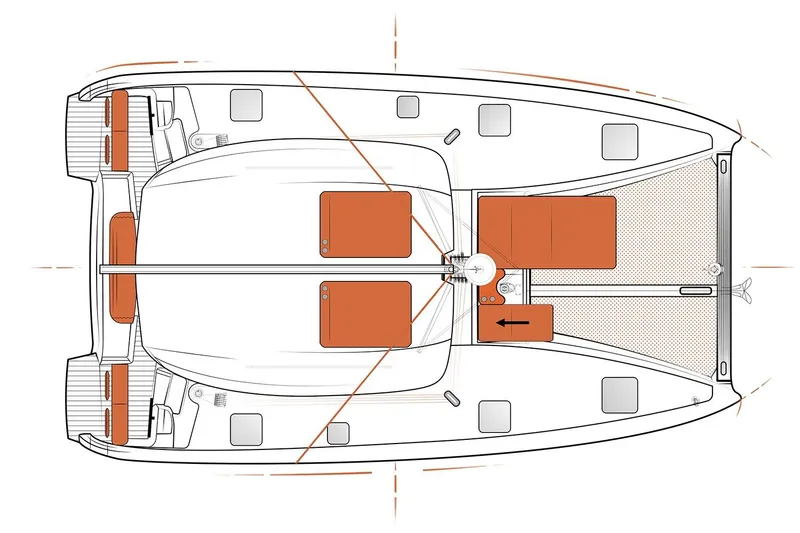Slide: The Image of Manufacturer Provided Image: Top view layout of 2026 Excess 11 catamaran, showcasing deck and seating areas. - 22