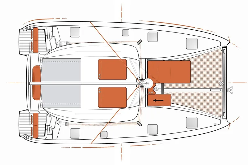 Slide: The Image of Manufacturer Provided Image: Top view schematic of 2026 Excess 11 catamaran layout with seating and deck features. - 23