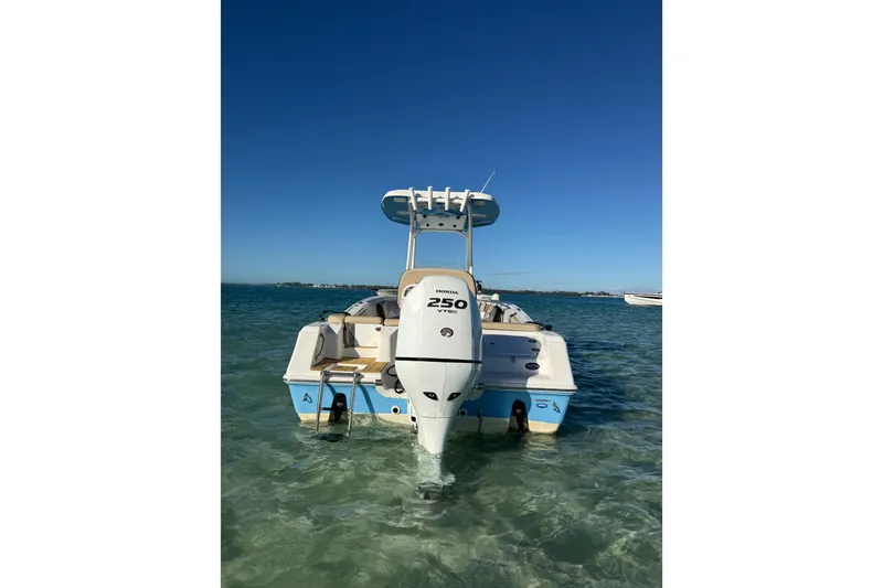 Slide: The Image of 2019 Tidewater 220 LXF boat with Honda 250 engine in clear blue water. - 1