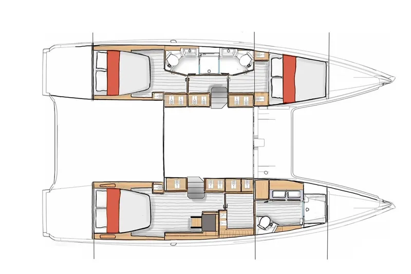 Slide: The Image of Manufacturer Provided Image: Floor plan of 2026 Excess 13 catamaran, featuring cabins, bathrooms, and living areas. - 31