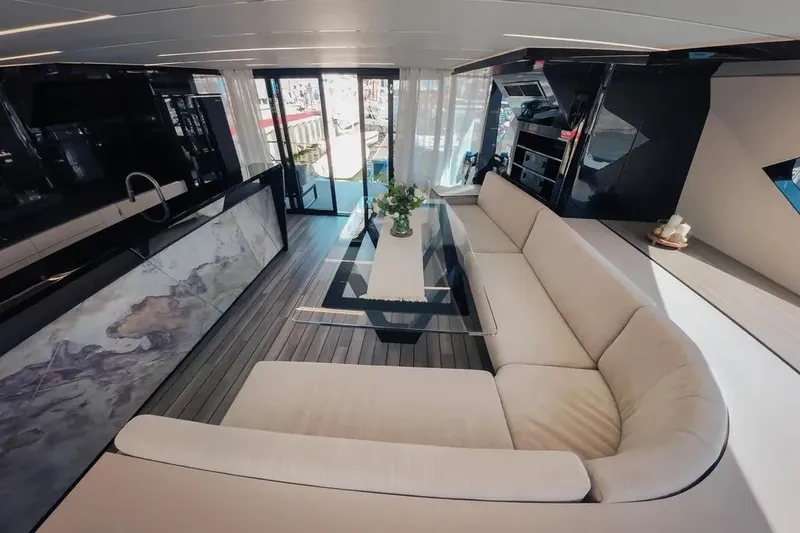 Slide: The Image of Luxurious interior of 2024 Wave Wave60 yacht with modern design and glass doors. - 17