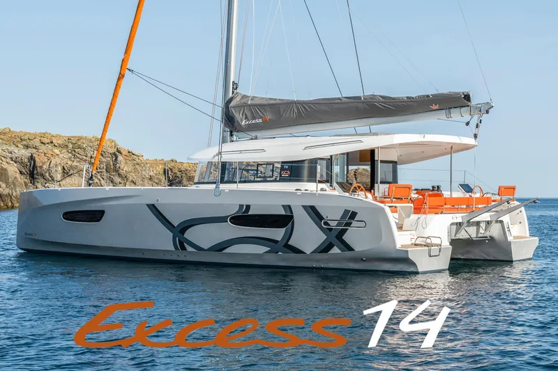 The Image of 2026 Excess 14 catamaran on water, featuring sleek design and vibrant orange accents. - 0