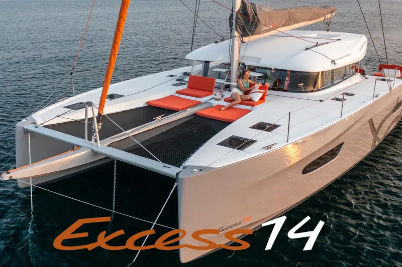 The Image of 2026 Excess 14 catamaran on water, featuring sleek design and vibrant orange accents. - 0