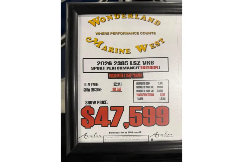 Slide: The Image of Framed sign for 2026 Avalon 2385 LSZ VRB, priced at $47,599 with discounts. - 1