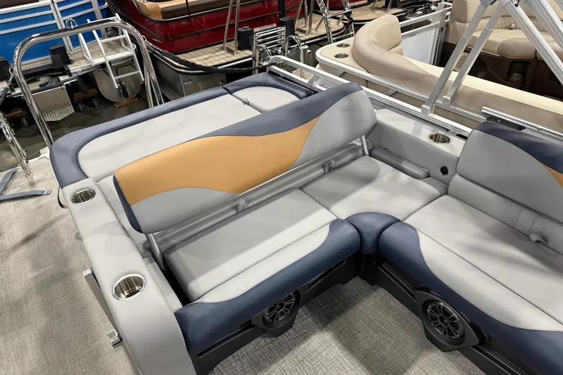 Slide: The Image of Luxurious seating on 2026 Avalon 2385 LSZ VRB pontoon boat, featuring cup holders and stylish design. - 8