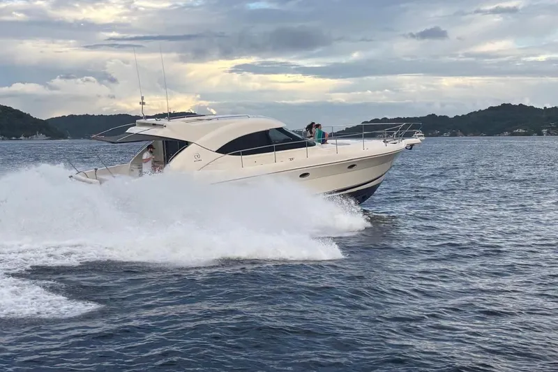 The Image of 2009 Riviera 4700 Sport Yacht cruising on open water with scenic backdrop. - 1