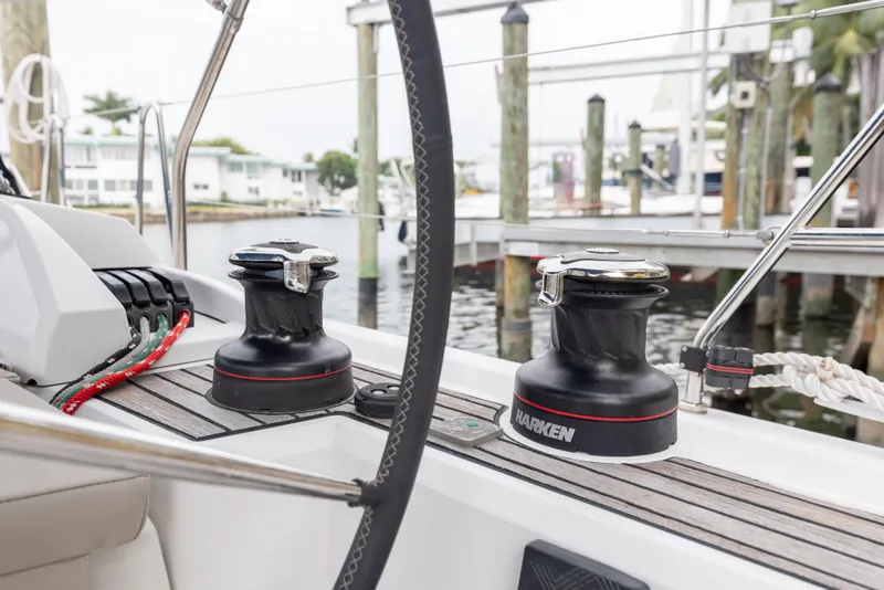 Slide: The Image of Beneteau Oceanis 46.1 sailboat deck with winches and ropes, 2020 model. - 19