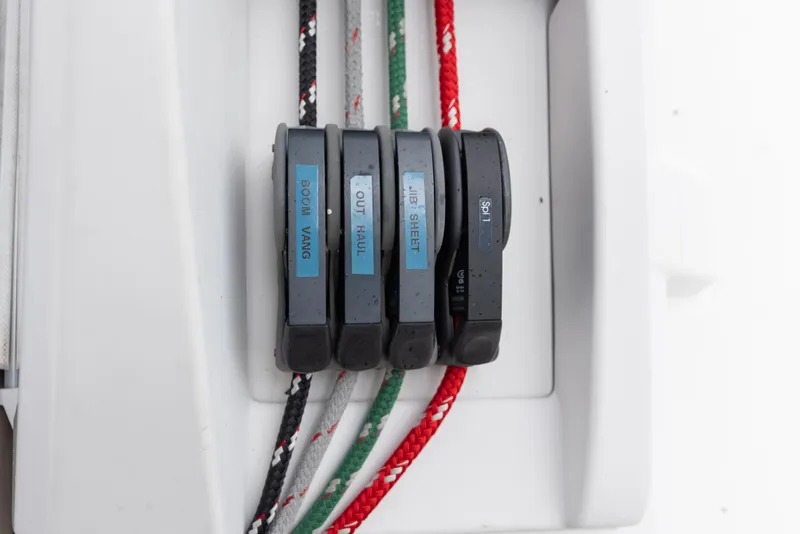 Slide: The Image of Control panel of a 2020 Beneteau Oceanis 46.1 sailboat with labeled ropes. - 20