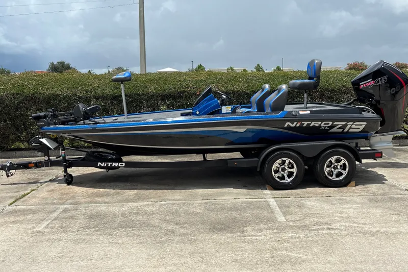 The Image of 2026 Nitro Z19 XL Pro boat on trailer, parked outdoors. - 0