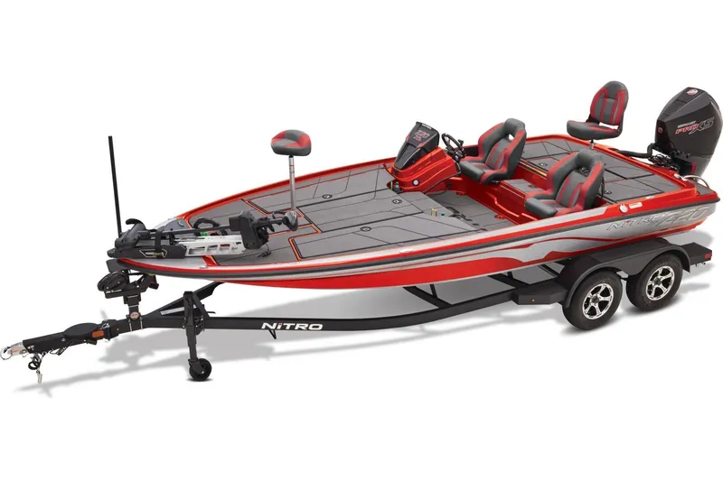 The Image of 2026 Nitro Z20 XL boat in showroom, featuring sleek red and black design with modern seating. - 0