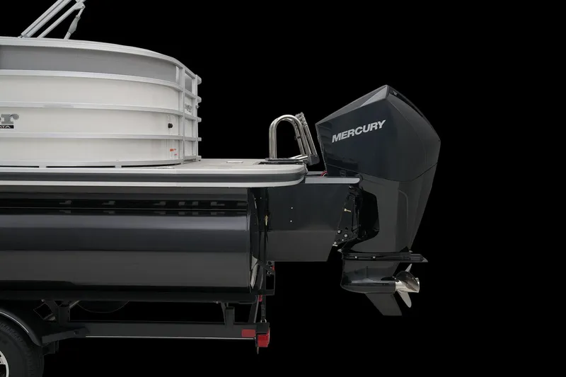Slide: The Image of 2025 Ranger Reata 243C pontoon boat on trailer, sunny day. - 13