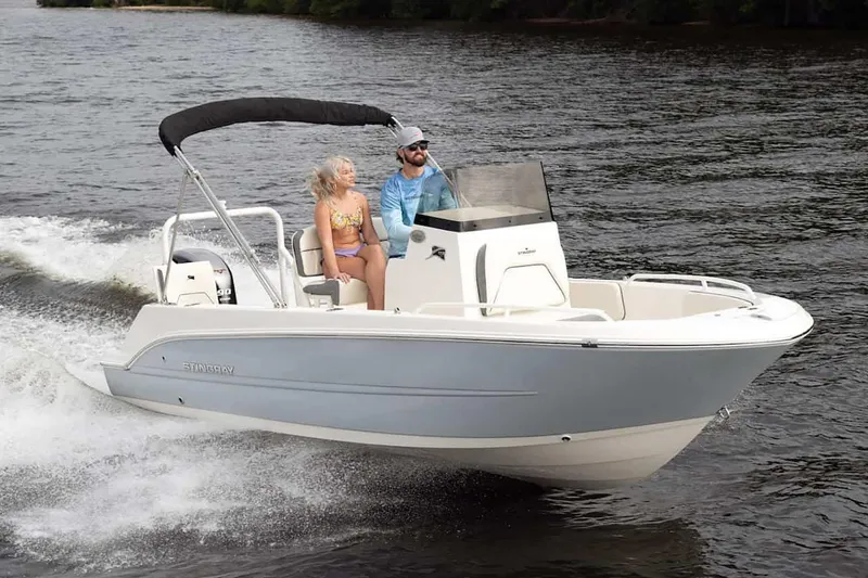 Slide: The Image of Manufacturer Provided Image: 2025 Stingray 173 CC boat cruising on a lake with two passengers. - 6