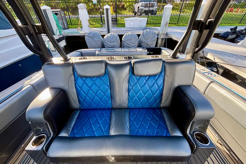 Slide: The Image of 2016 Hydra-Sports 4200 Siesta boat seating with blue and gray upholstery. - 38