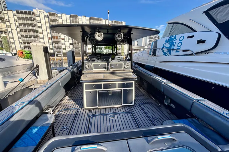 Slide: The Image of 2016 Hydra-Sports 4200 Siesta boat docked, featuring spacious deck and modern amenities. - 45