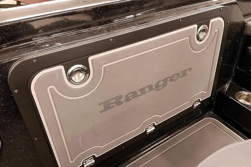 Slide: The Image of 2026 Ranger 620xFS Pro boat interior detail with logo and sleek design. - 32