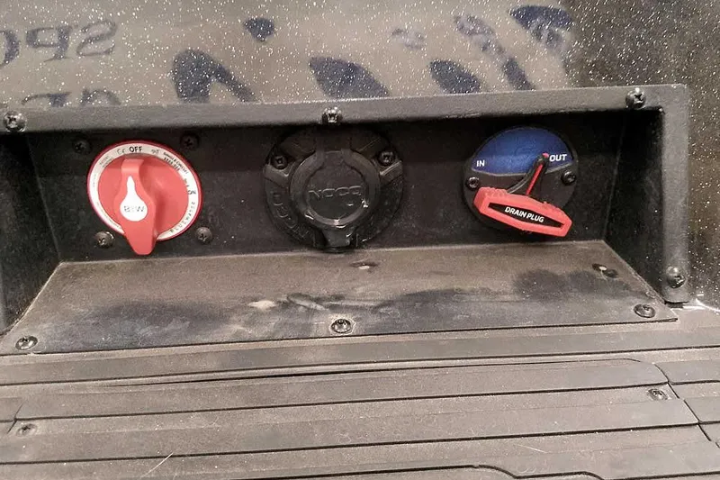 Slide: The Image of Control panel of 2026 Ranger 620xFS Pro boat with switches and plug socket. - 45