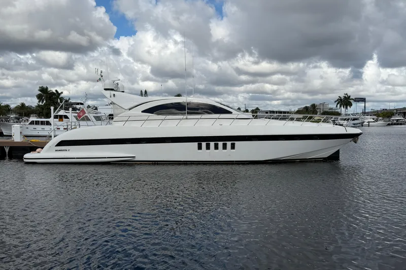 Slide: The Image of Luxury 2004 Mangusta 72 yacht docked on a cloudy day. - 2