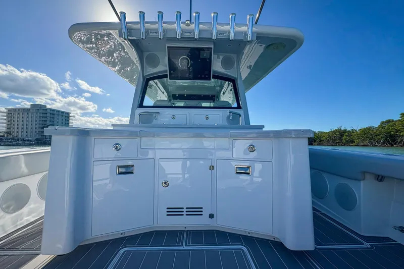 Slide: The Image of 2024 HCB 53' Suenos boat interior with sleek cabinetry and modern design. - 51