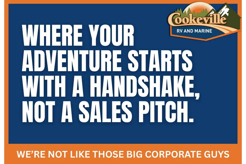 Slide: The Image of Cookeville RV and Marine ad: 'Adventure starts with a handshake, not a sales pitch.' - 3