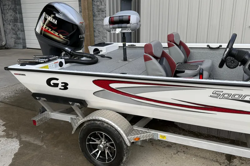 Slide: The Image of 2021 G3 Sportsman 1810 boat with Yamaha engine, featuring red and gray seating. - 2