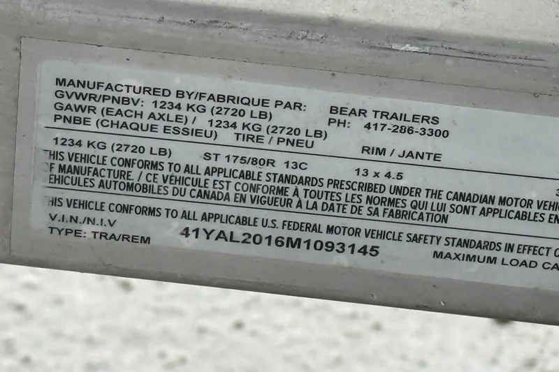 Slide: The Image of Label on 2021 G3 Sportsman 1810 trailer by Bear Trailers, showing specifications and compliance details. - 21