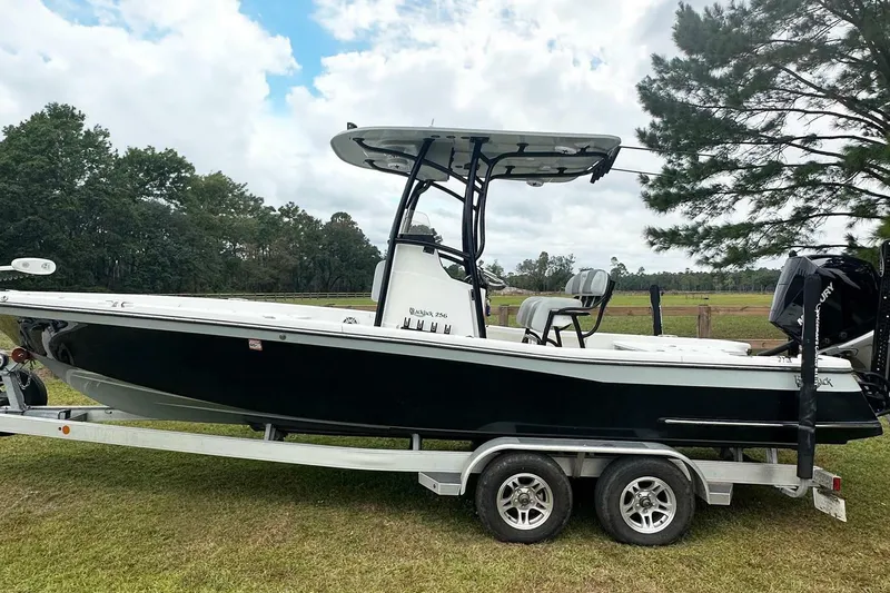 The Image of 2022 BlackJack 256 Bay boat on trailer, parked on grass with trees in background. - 1