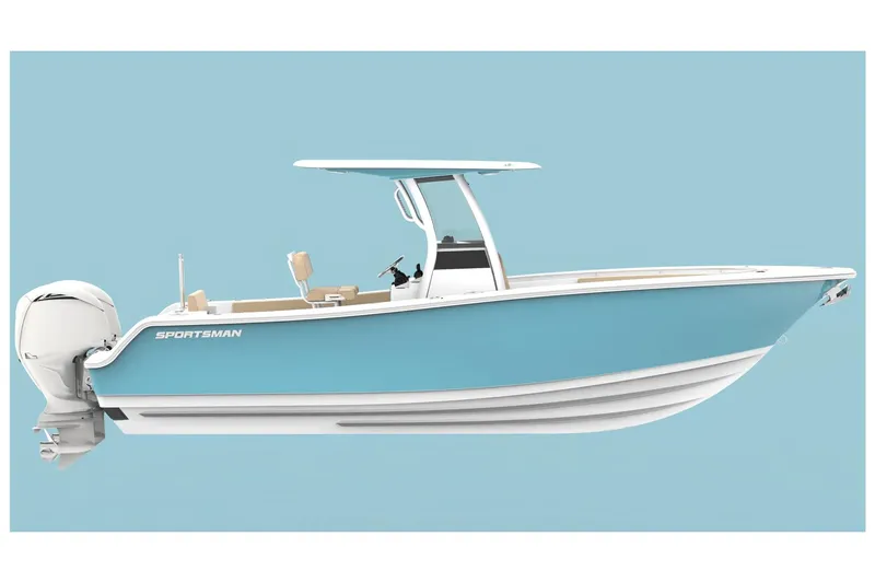 Slide: The Image of Manufacturer Provided Image: 2024 Sportsman Open 252 Center Console boat, side view, blue hull, white trim, outboard motor. - 19