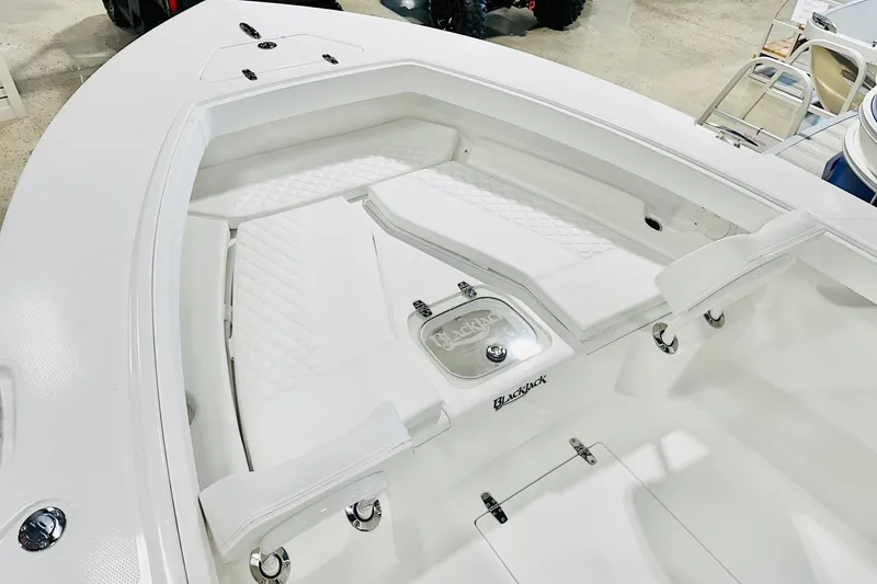 Slide: The Image of 2026 BlackJack 256 Coastal boat interior with white seating and storage compartments. - 7