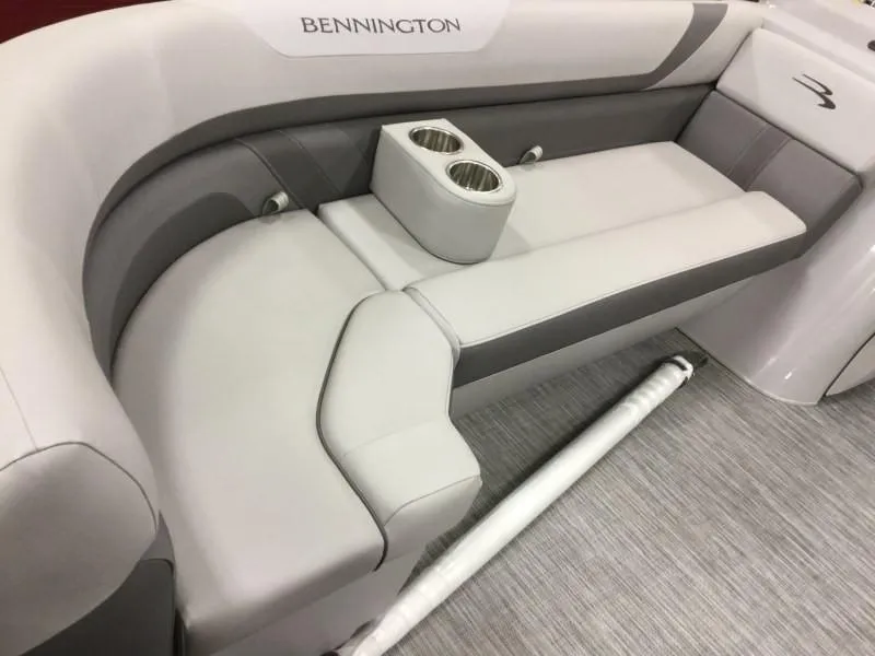 Slide: The Image of Interior of 2020 Bennington 21SSX with gray and white seating. - 7