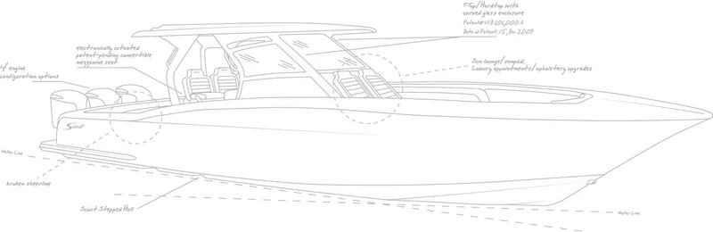 Slide: The Image of Manufacturer Provided Image: Line drawing of 2025 Scout 330 LXF boat with labeled features and specifications. - 25