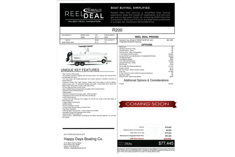 The Image of 2026 Robalo R200 Center Console boat features and pricing details. - 0