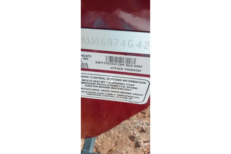 Slide: The Image of Label on 2025 Tracker Pro Team 175 boat, showing emissions and model details. - 20