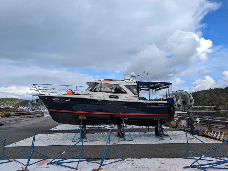 Slide: The Image of 2019 Cutwater C-30 Sedan boat on dry dock. - 6