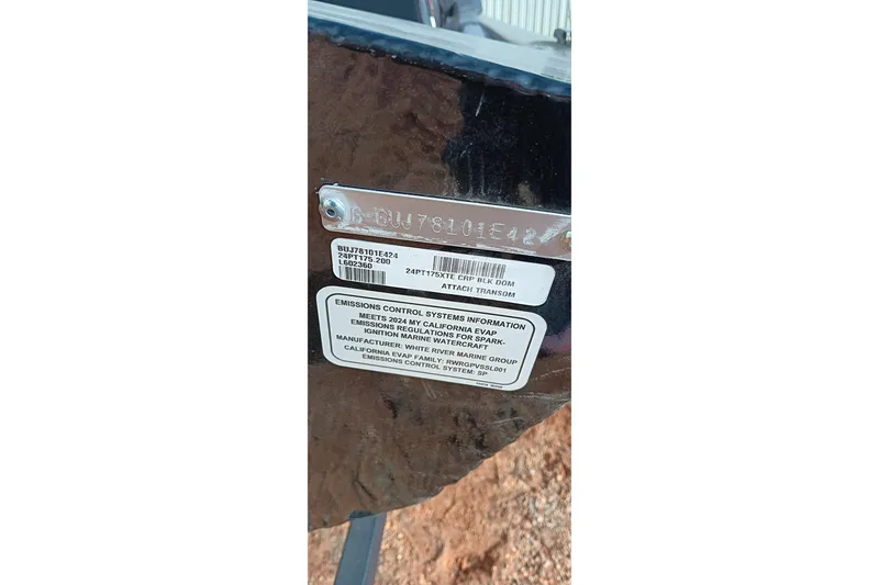 Slide: The Image of 2024 Tracker Pro Team 175 TXW boat identification and emissions control information plate. - 20