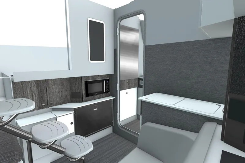 Slide: The Image of Manufacturer Provided Image: Modern interior of 2026 Formula 360 Crossover Bowrider I/O with sleek kitchen and seating area. - 3