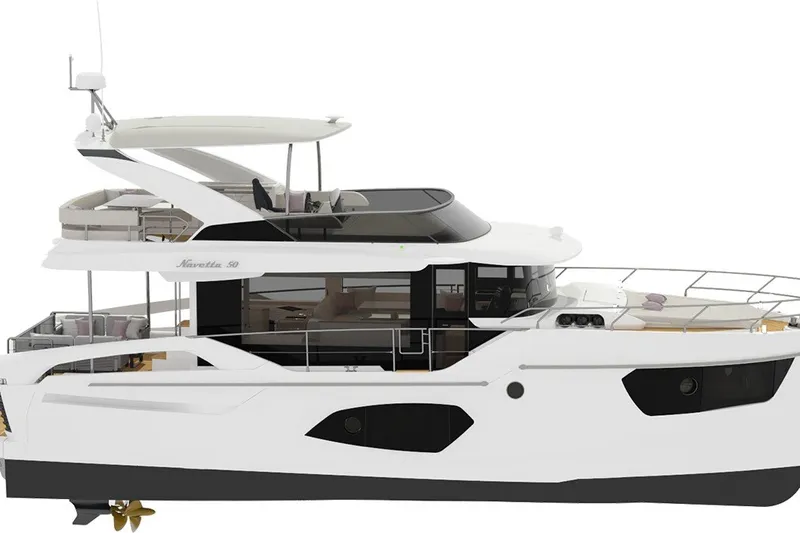 Slide: The Image of The Absolute 50 Navetta 2027 is a modern motor yacht with sleek design and spacious deck. - 41