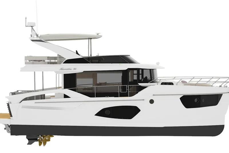 Slide: The Image of Side view of a modern white yacht with two decks and sleek lines. - 42