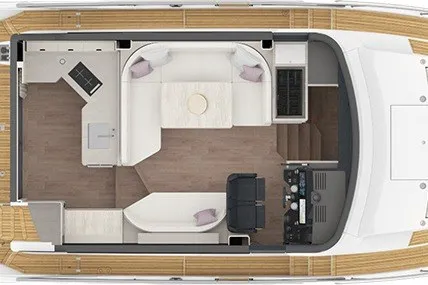 Slide: The Image of Aerial view of a modern yacht interior with sleek white seating and wooden flooring. - 40