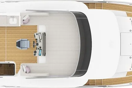 Slide: The Image of The 2027 Absolute 50 Navetta features a modern deck layout with sleek wood flooring and comfortable seating areas. - 43