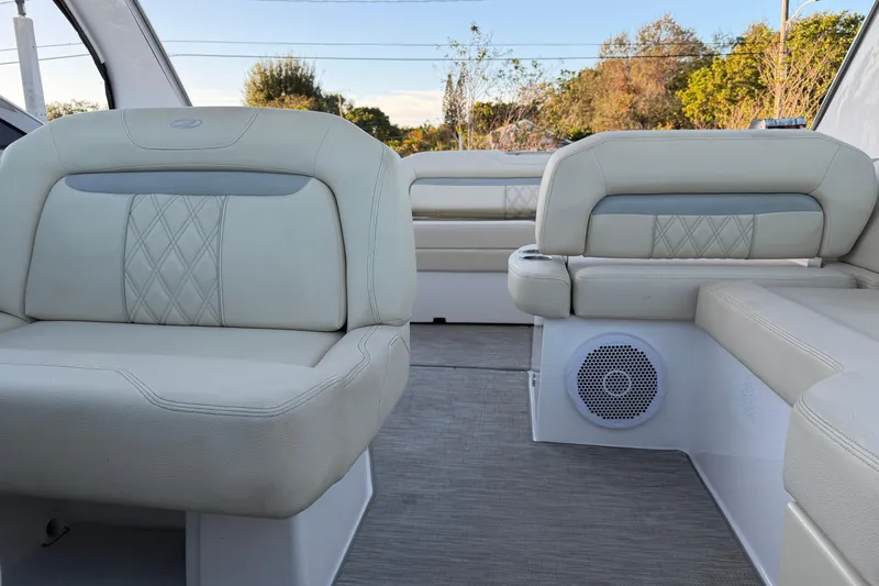 Slide: The Image of Luxurious interior seating of 2019 Regal 33 OBX boat with elegant upholstery design. - 34