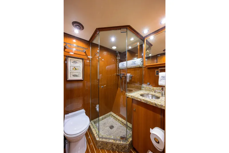 Slide: The Image of Luxurious bathroom in 1986 Jongert 85 yacht with glass shower and granite countertop. - 35